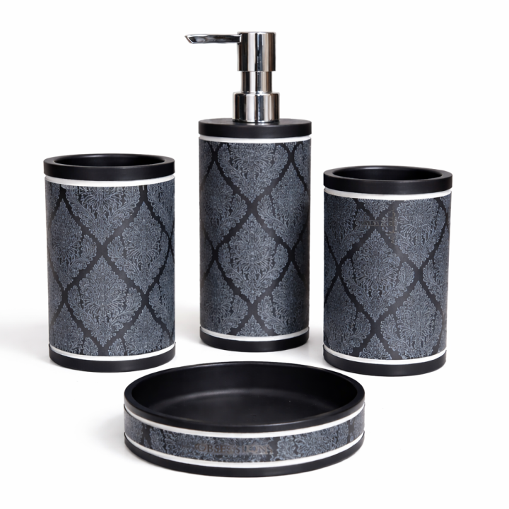 Royal Damask Black Bathroom Accessory Set (4 Pcs)