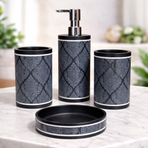 Royal Damask Black Bathroom Accessory Set (4 Pcs)