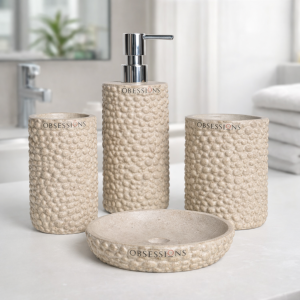 Pebble Texture Ceramic Bathroom Accessory Set (4-Piece, Beige)
