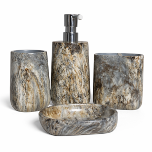 Marble Finish Ceramic Bathroom Accessory Set (4-Piece, Grey & Brown)