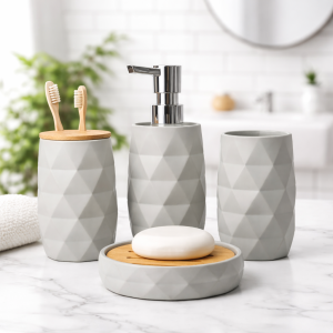 Geometric Matte Grey Bathroom Accessory Set with Bamboo Accents (4-Piece Set)