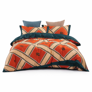 Premium Geometric Print Cotton Bedsheet Set – Orange & Teal (Double Bed)