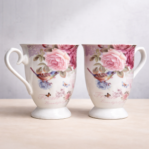 Elegant Floral Ceramic Mug Set (Set of 2) – Rose & Bird Design